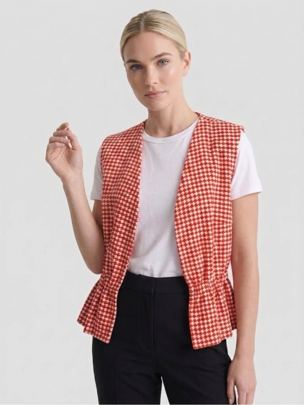 Zara Red and White Houndstooth Peplum Vest